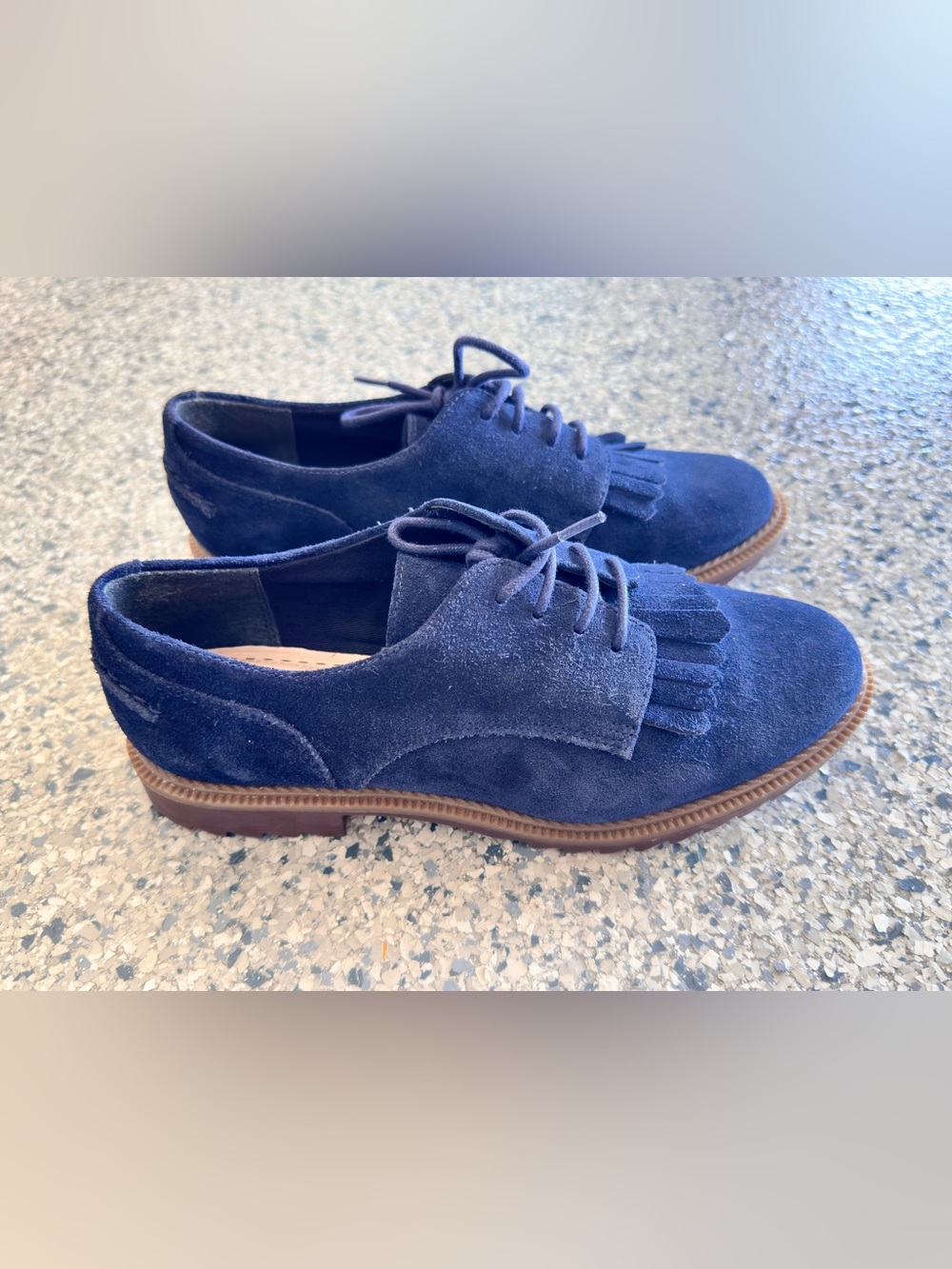 Clarks Somerset Navy Blue Suede Fringe Derby Shoes Size 7